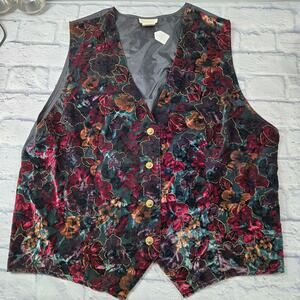 Roaman's Vintage Velveteen Vest Regency Holiday Floral Gold Button Plus sz B4 1X